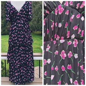 ASOS Design Black Pink Floral Tiered Pleated Maxi Dress 8